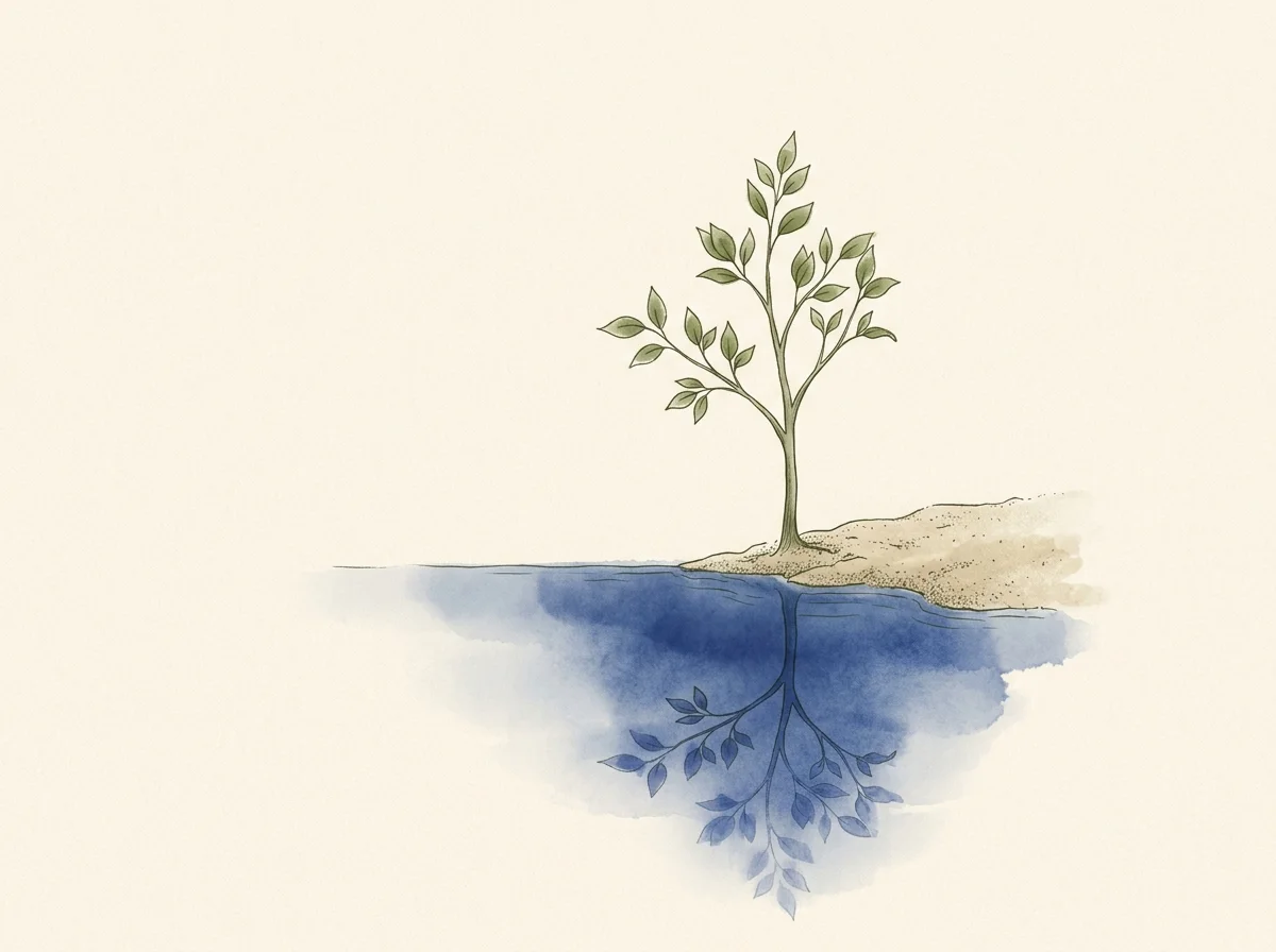 Ilustracja: młode drzewko rosnące nad wodą