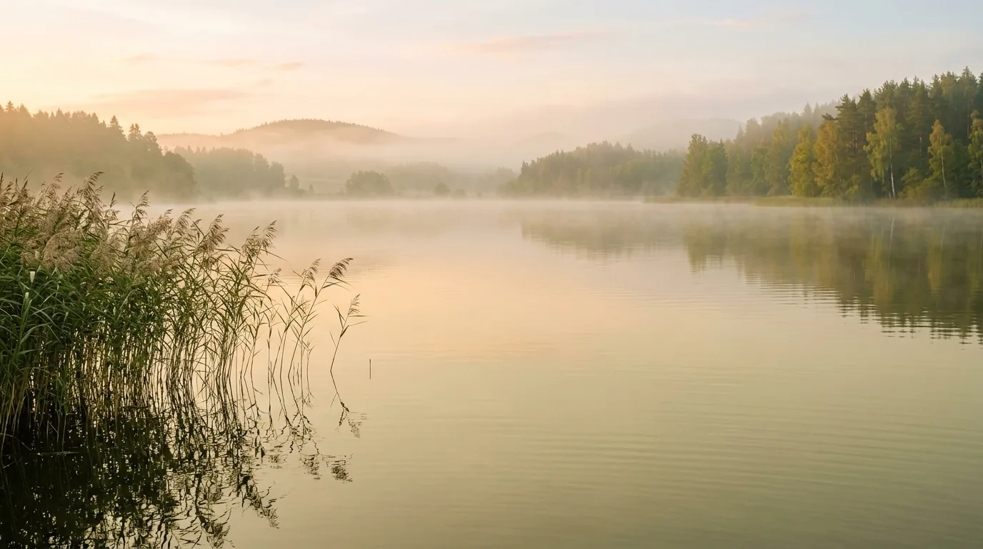 Spokojna tafla jeziora o świcie we mgle
